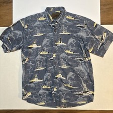 North River Shirt Men's L Blue Deep Sea Fishing All Over Print Button Up