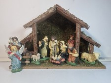 Handmade Wooden Nativity Barn With Sound – Ceramic Figure Set Christmas