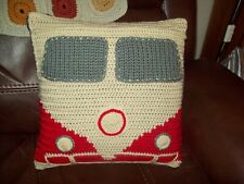 HANDMADE CROCHET VW CAMPER VAN 17" X 17" CUSHION- RED UNIQUE