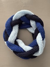Ladies Scarf Snood Plaited Knitted, Blue And White