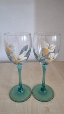 Vintage  Luminarc France Wine Glasses Set of 2 Teal/Green Stem Floral Design