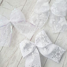 3 x Wired White Ribbon Christmas Tree Bows Decoration Glitter Bow Snowy Blanc