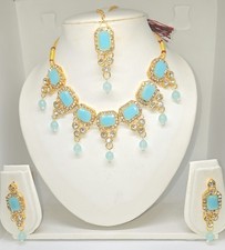 Light Blue Indian bollywood bridal Necklace tikka earring jewellery kundan set