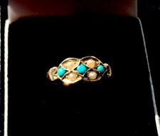 Antique 9ct Turquoise Pearl Ring Size N historic repairs