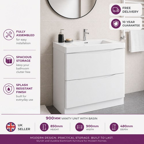 900mm white gloss vanity unit - white,