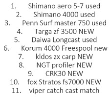 carp fishing spare spools,shimano,penn,targa,daiwa,korum,ngt,fox,viper,crk,kldos