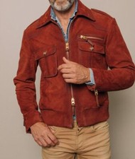 Stylish New Men's Pure Dark Tan Suede Biker Slim Fit Motorcycle Coat Jacket