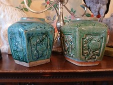 Antique Oriental Chinese Glazed Pots Blue Green Pair