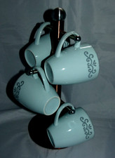 Set of 4 Duck Egg Blue MUGS with silver/grey pattern 325ml app 10cm x 8.5cm 