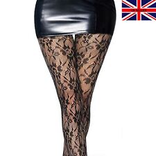 Womens Black Floral Patterned Fishnet Lace Flower Rose Fashion Tights UK 6-16