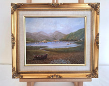 Vintage Scottish Highlands Oil Painting “On The Gairloch” Boats Landscape Art