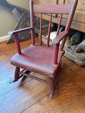 Antique Primitive Wooden Windsor Child's Rocking Chair - Old Red Paint Over Blue