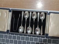 Solid silver set of 6 Spoons plus Sugar Tongs  Birmingham  1963/4