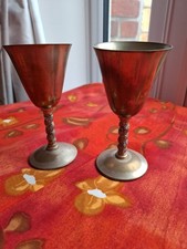 Vintage Pair Of Brass Goblets Spain Great Leaf Vine Pattern Twisted Stem