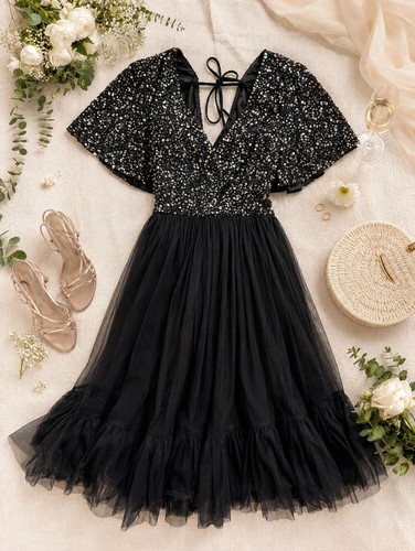 Quiz black sequin tulle - tulle, midi