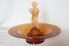 Art Deco Amber Glass Console Bowl with Two Kids Figure by Cambridge Glass