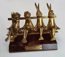 1960s Brass Frog & Bunny Couple Sculpture - "I Love You" Figurine on Wooden base