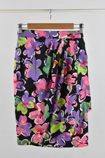 Guy Laroche Black Cotton Pink Purple Floral Print Wrap Skirt Vintage, UK 10 
