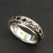 Silver Gold Spinner Ring Sterling Band Inlaid Deep Blue Tennis Modernist Gift