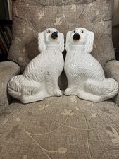 Victorian Staffordshire Dogs Pair White Spaniels 19th Century Large Antique
