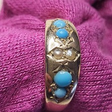 All Yellow Gold Stone Seed Pearl & Cabochon Turquoise Victorian Gypsy Ring