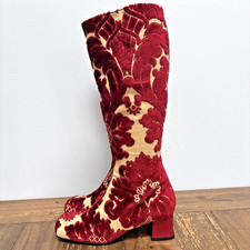 Exquisite PURA LOPEZ Ruby Red Velvet Brocade Square Toe Knee Boots UK4 Etro
