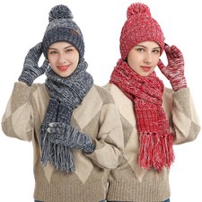 3 PCS Ladies Womens Winter Beanie Hat Scarf And Gloves Set UK