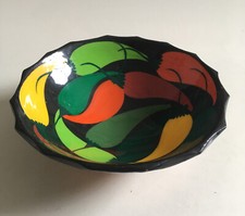 Vintage South American Footed Folk Art Bowl With Hand Painted Chili Peppers Boho
