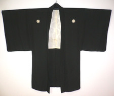 RARE VINTAG MEN'S, JAPANESE KIMONO, BLACK SILK, HAORI JACKET, FIGURED SILK LINED