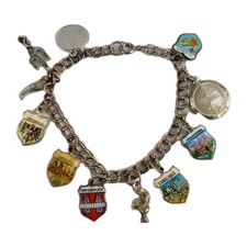 Vintage Travel Charm Bracelet Mixed 800 925 Silver & Base Metal Enamel Shields 