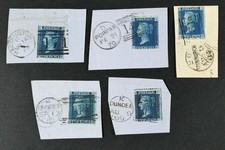 2d Blue Stamp on piece x 5. Two Pence Blue. Haddington Forfar Edinburgh Dundee.