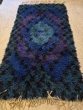 1970s MCM Scandi Swedish Rya shaggy Rug - blue / purple circles - 115 cm x 56 cm
