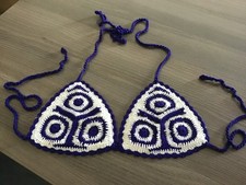 ladies blue/indigo white crochet triangle bikini top festival size xs lined