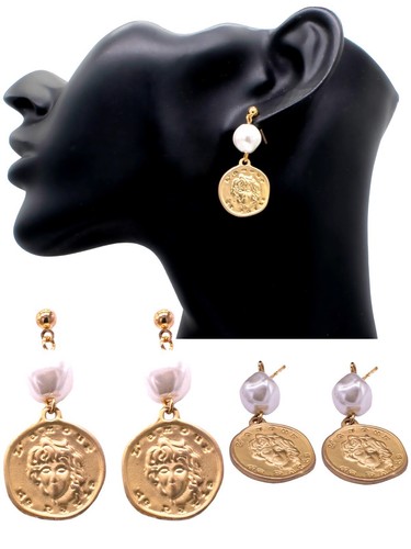 Small gold pearl earrings coin - gold,