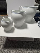 Trio Of Mary Berry Jugs In White With Blue Trim Perfect Condition