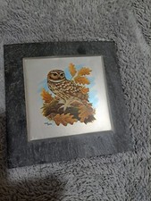 Vtg John Heaton Tawny Owl / Metal Etched / Mounted On Delabole Slate / 70's /