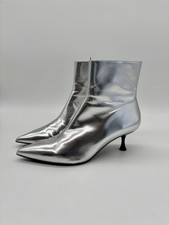 Zara Silver Faux Leather Pointed Toe Kitten Heel Boots - EU 38 / UK 5