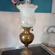 Antique Brass Oil Lamp  with Original  Etched Glass Oil Lamp Shade VGC