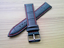 Matt Black Crocodile Grain Leather Watch Strap Red Stitching 20mm 22mm 24mm