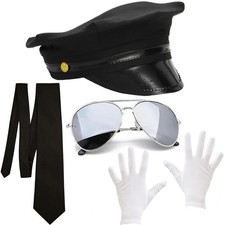 Chauffeur Costume Taxi Driver Hat Aviator Glasses Tie Gloves Fancy Dress 4Pc Set