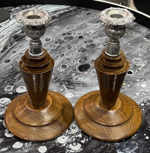Vintage pair oak turned wooden - pair,