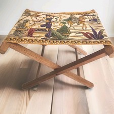 Vintage Folding Wooden Foot Stool w/ Boho  Tapestry Seat Mid Century Middle East