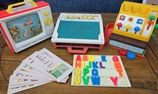 VTG FISHER PRICE 1970/60's TOYS INC CASH REGISTER, MUSIC BOX TV & SCHOOL DESK
