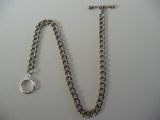 new Single albert silver plated 7mm wide pocket watch chain fob t bar ring clasp