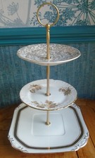 3 tier china cake stand Mismatched white, gold and floral gilt plates SET B