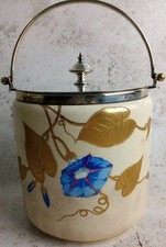 Vtg Biscuit Barrel Ceramic Metal Lid 14x13cm JD&S Art Deco Floral Gold Cream Gd 