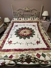 Vintage Patchwork Quilt Bedspread Double Hand Made Pink Green Burgundy 100x90”