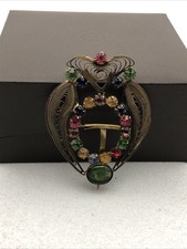 Vintage Brass Filigree Belt Buckle Gold Tone Colour Stones Jewels Gift