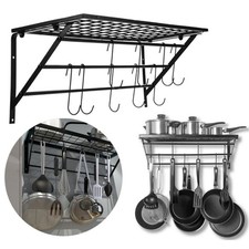 Kitchen Metal Hanging Pot Pan Rack Wall Storage Shelf Saucepan Holder with Hooks