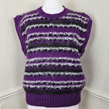 Jaeger Stripe Mohair Wool Blend Fluffy Jumper Vest Vintage Purple Black UK 12